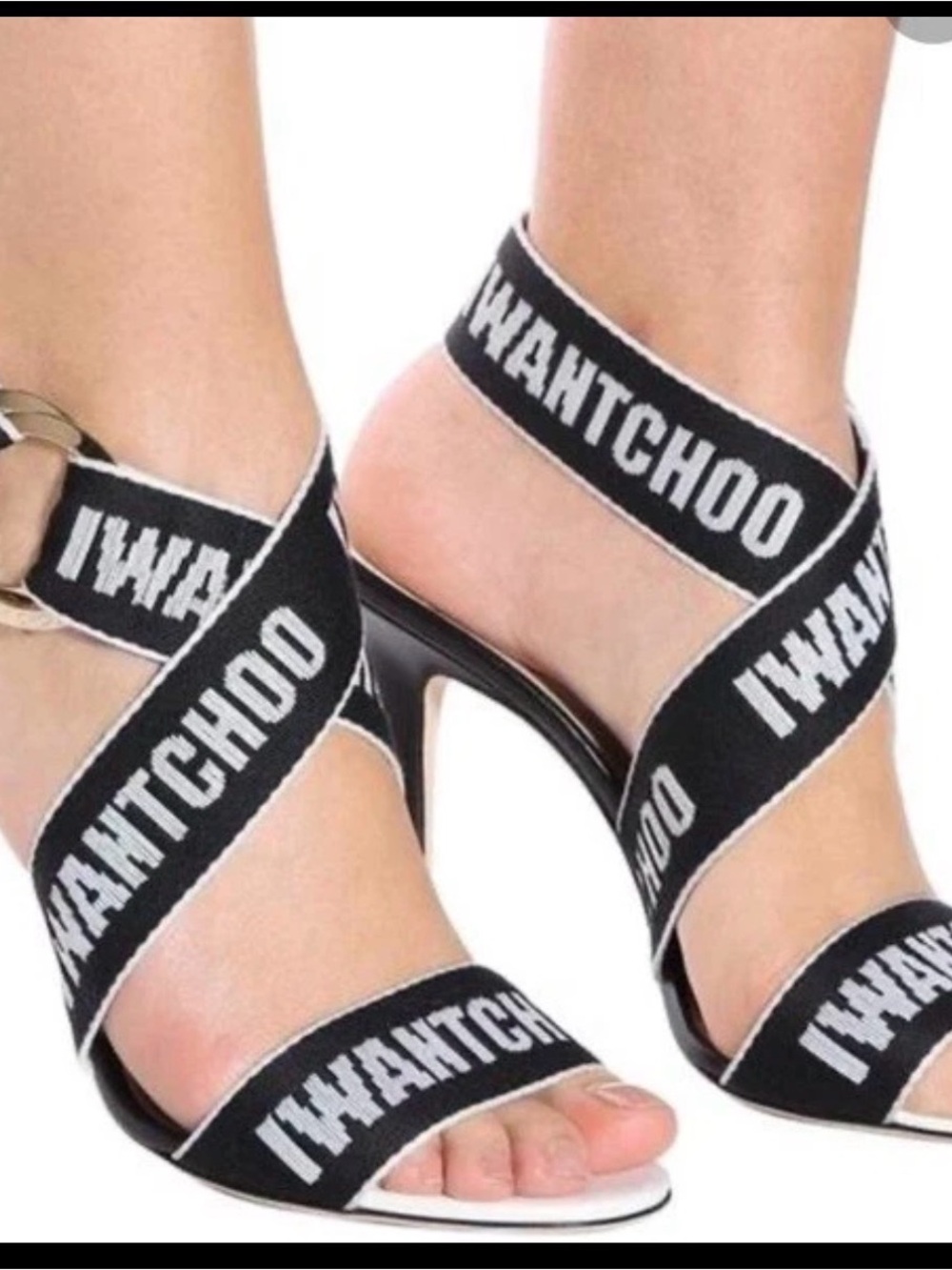 Jimmy Choo Heels LOGO "I Want Choo" Strappy Pumps Black White Leather EU 38.5